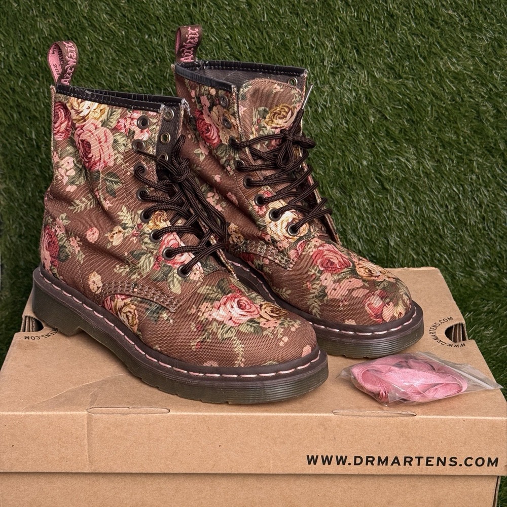 Dr. Martens 1460 Victorian Floral Rose Canvas Combat Boots Brown Womens Size 5